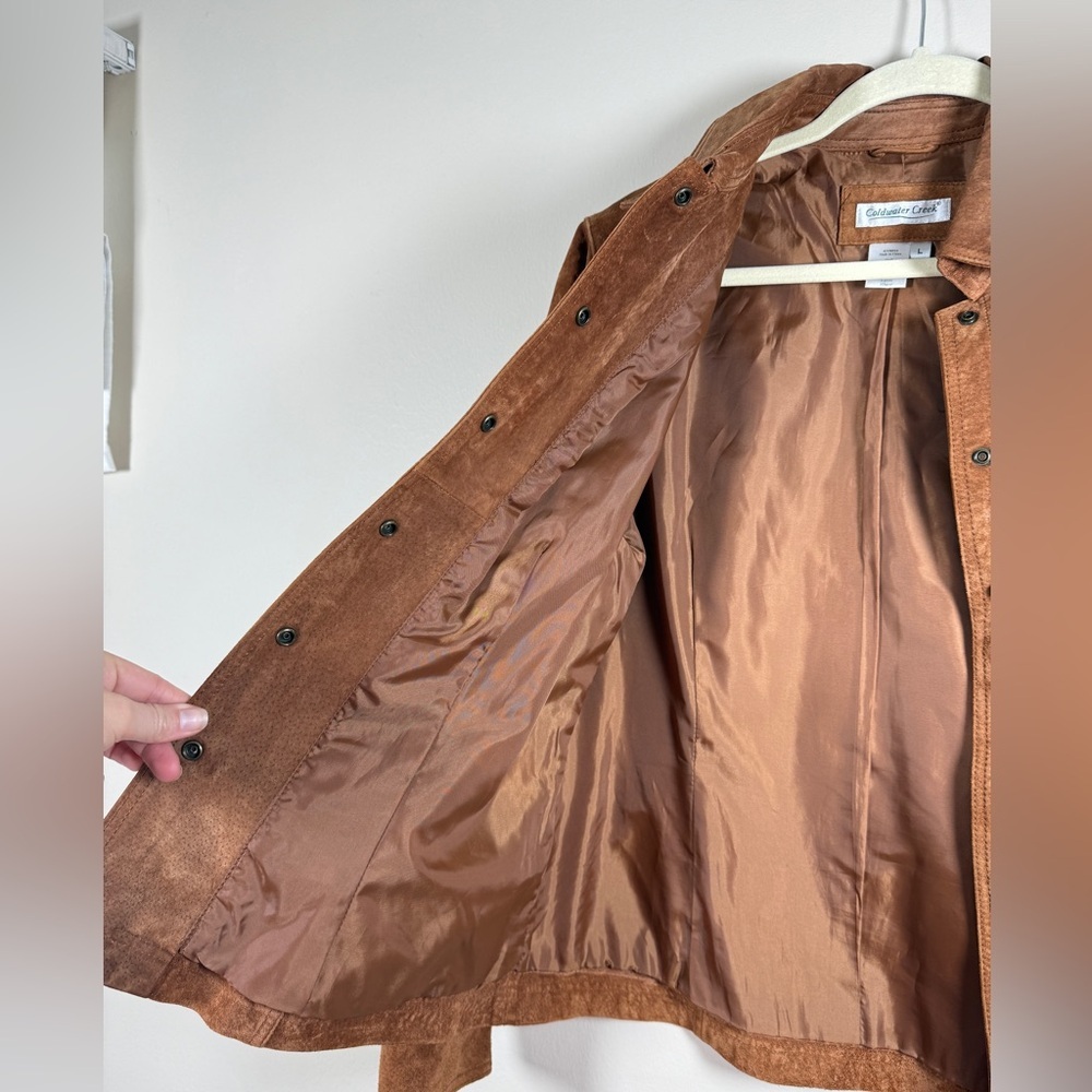 Coldwater Creek Womens Suede Leather Jacket Cognac Snap Closure Sz L - Picture 10 of 12